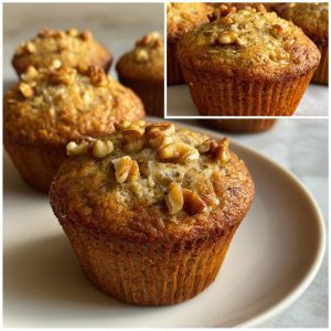 Golden banana oatmeal muffins with a rustic texture, arranged in a basket or on a tray.