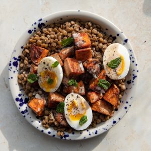 high-protein lentil and sweet potato breakfast bowl